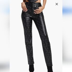 Good Icon Crystal Embellished Faux Leather Straight Leg Pants
